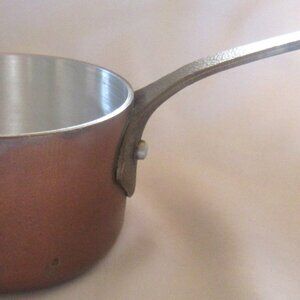 Vintage Copper 3/4 Cup Copper Saucer Pan, Brushed Tin lined, Brass Handle  D1111